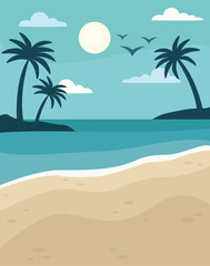 Tropical sandy beach landscape with palms trees. Illustration with beautiful summer sea landscape