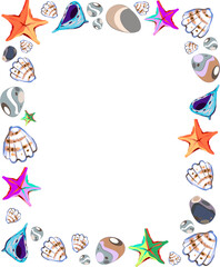 A frame with marine elements on a separate background. Starfish and shells with colorful stones in vintage style. Vector.