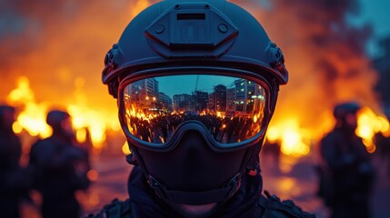 A soldier in full gear watches a burning city during a massive protest or riot.