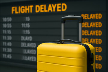 Delayed Flight: Yellow Suitcase by Airport Display Board