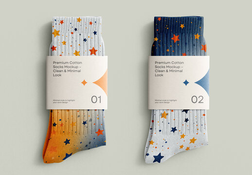 Dual Patterned Socks Mockup &ndash; Folded Cotton Socks with Label Tag and Realistic Texture Display