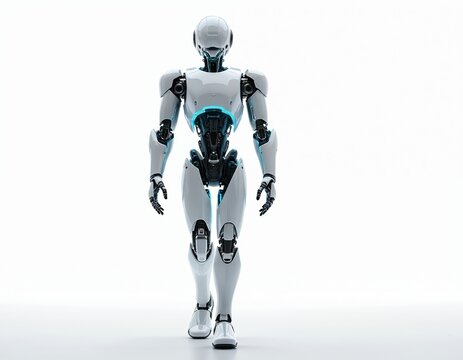 Futuristic humanoid robot walking on white background. White plastic android full body. Concept modern tech, cyberspace, ai, automation, future, cybernetics. Digital art illustration for innovative