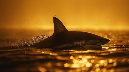 A great white shark swims gracefully through the ocean at sunset, in stunning silhouette.