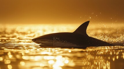 Dramatic silhouette of a great white shark swimming in ocean waters at golden sunset.