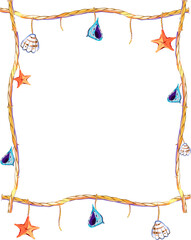 A frame with marine elements on a separate background. Starfish and shells with an anchor rope in vintage style. Vector.