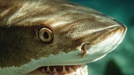 Intricate detail of a shark's eye and snout, showcasing its sharp teeth and textured skin.