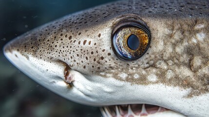 A striking close-up of a shark's eye and face, revealing its sharp teeth and textured skin.
