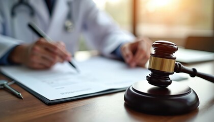 Gavel on desk next to doctor. Person in white coat writes legal documents. Law justice medicine concept. Courtroom, lawyers, agreements, medical error case.