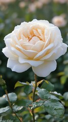 A pristine white rose with delicate petals, glistening with morning dew, in a serene garden.