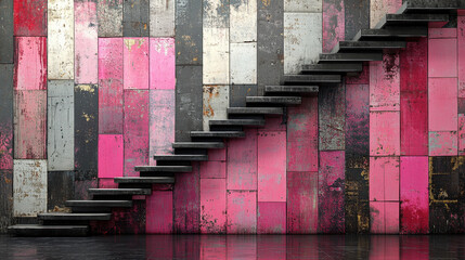 Vibrant abstract staircase against a colorful brick wall, showcasing modern design elements. Perfect for interior and architectural projects