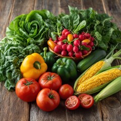 Fresh vegetables and fruits still life on white background