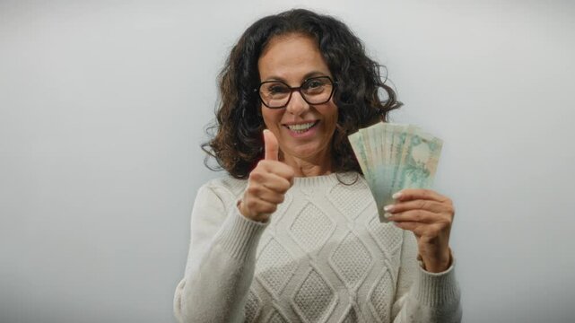 Woman smiling holding uae dirham banknotes making thumbs up on white background suggesting financial success or satisfaction.