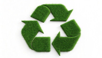 Realistic 3D rendering of the recycling symbol with a natural green, grassy surface, on clear background.