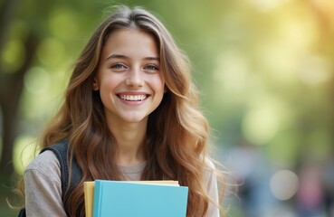 Beautiful smiling student girl holds books outdoors. Young woman with long brown hair, backpack, casual sweater, fresh face. College, university, education, campus. Portrait shows happy person,