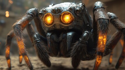 A close-up of a mechanical spider with glowing eyes, showcasing a futuristic design.