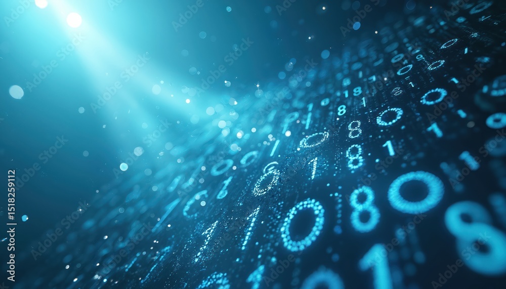 Aufkleber Binary code cascade. Digital information flow with blue light flares. Numbers stream creates futuristic cyber tech background. Data encryption, computer network, computing, artificial intelligence.