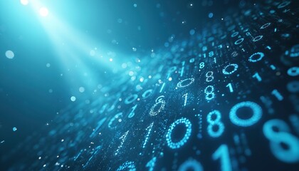 Binary code cascade. Digital information flow with blue light flares. Numbers stream creates futuristic cyber tech background. Data encryption, computer network, computing, artificial intelligence.