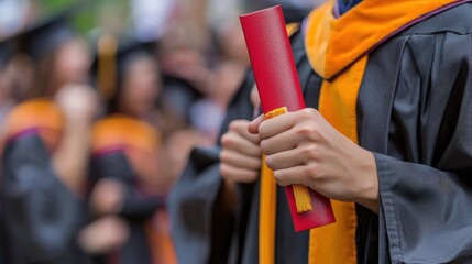 A graduate's hand holding a diploma, celebrating the achievement of a degree.