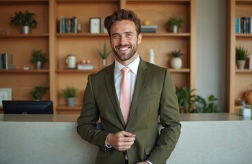Fototapeta premium Handsome smiling hotel receptionist in suit at reception desk. Man in formal attire, business corporate service. Hospitality, tourism, guest, travel. Friendly, welcoming, confident look.