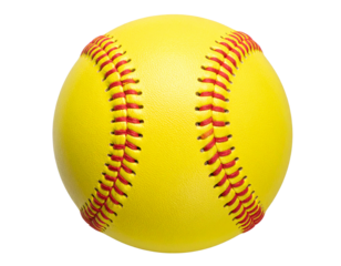 Classic yellow softball with red stitches, top-down view, isolated PNG