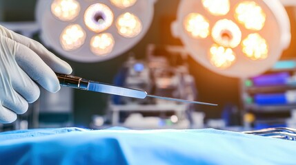 A surgical procedure is underway with a focused view of the tools in the operating room.