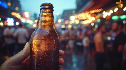 A hand holding a cold beer bottle, enjoying a night out in a lively outdoor bar setting.