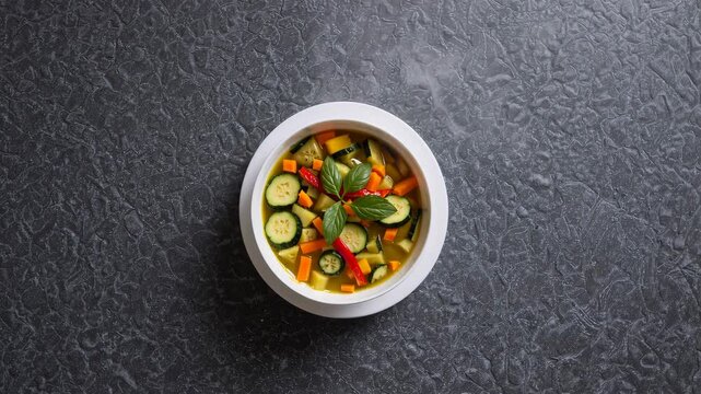 Top-down view of steaming bowl of vegetable soup on dark surface, showing hot freshly cooked healthy food in minimalist visual composition for culinary content