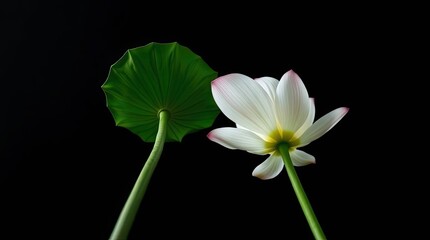 Low angle view of white lotus flower and green leaf against black background