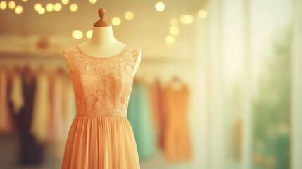 Beautiful lace dress displayed in boutique under soft glowing lights
