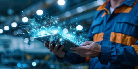 Worker in industrial setting utilizes digital technology for data analysis and operational efficiency
