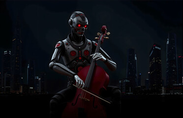 Naklejka premium Robot Playing Cello at Night