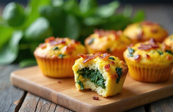 Healthy low-carb egg muffins with spinach and bacon served on wooden board. Delicious brunch, breakfast or lunch keto meal. Keto diet food, balanced nutrition homemade recipe. - Powered by Adobe