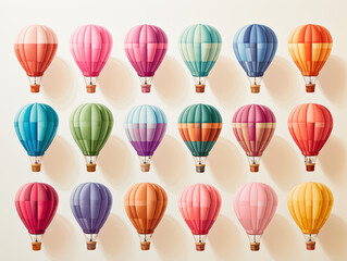 Set of 18 colorful gradient 3D hot air balloons arranged on a white background.