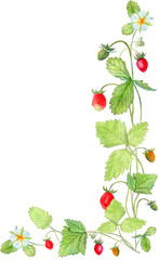 Watercolor Strawberry Corner Composition with Berries and Green Leaves