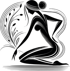 Black-and-white minimalist artwork featuring a graceful female silhouette leaning over dried herbs, with fine lines evoking aroma and an elegant oil drop silhouette symbolizing wellness.
