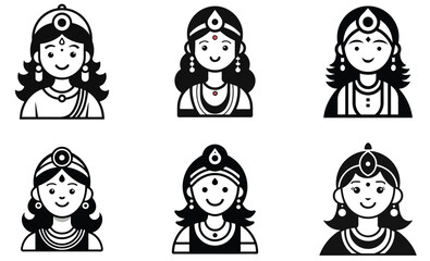 Traditional Indian Goddess Icons Set  Vector Black and White Illustrations
