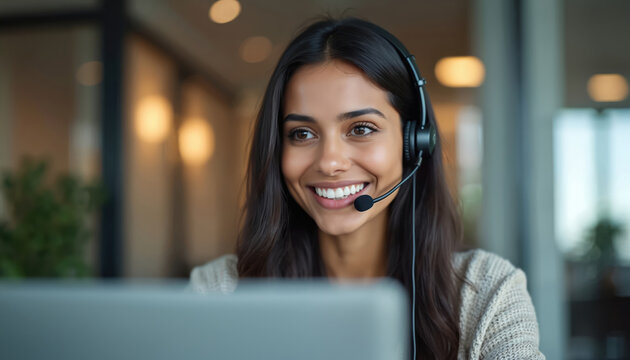 Smiling Indian call center agent wearing headset talking to client in office. Woman expert operator working with tech assistance support. Customer service, telemarketing operator consultant using