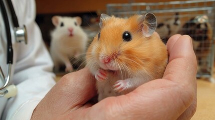 Obraz premium A veterinarian holding a cute golden hamster during a checkup with a white hamster in background.