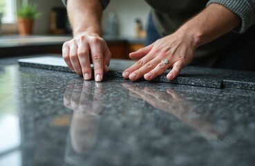 Hands measuring granite countertop, kitchen renovation. Precise measurement, professional craftsman work, detailed installation, home improvement project. Man hands working with granite.