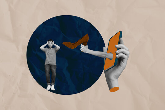 Pop template collage of person sit near phont hold shoes on pastel background