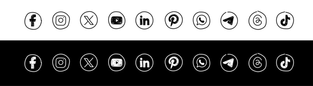 Doodle Social Media Logos in line. Hand drawn Instagram, Facebook, X, Tik Tok, LinkedIn, YouTube, Telegram,