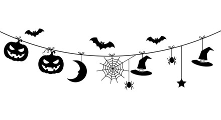 Halloween Garland Featuring Pumpkins Bats Spiders and Witch Hats