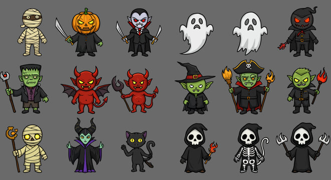 Cartoon Halloween Characters Mummy Pumpkin Vampire Ghost Devil Witch Grim Reaper