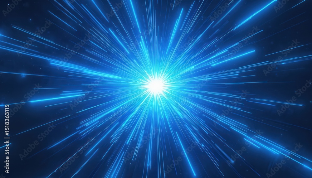 Poster Abstract starburst blue background. Dynamic energy blast with bright rays radiating from central point. Futuristic design for presentations tech backgrounds. Modern digital art style.