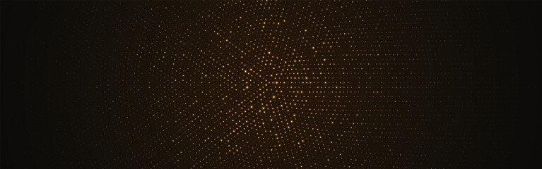 Halftone gold background. Glitter golden circle particles on dark wallpaper with elegant radial light effect. Luxury pattern or celebration backdrop. Wide circular confetti. Vector Illustration.