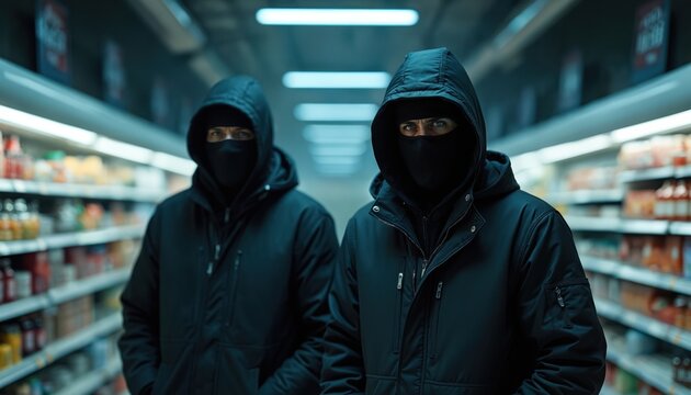Two men wear black jackets balaclavas inside store. Cinematic style depicts action scene with suspense. Shadowy figure looking direct. Crime theme, dangerous situation with high-coloured urban setting