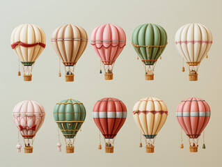 Obraz premium Set of 10 3D hot air balloons in pastel colours on a cream background.