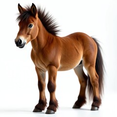 Full body portrait of a cute brown Shetland pony isolated on a white background. Young domestic animal with a beautiful mane. Equestrian breed, farm stallion stands.