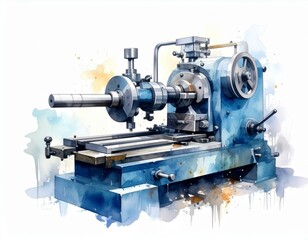 Fototapeta premium Detailed Watercolor Painting of Vintage Industrial Lathe Machine in Blue Hues