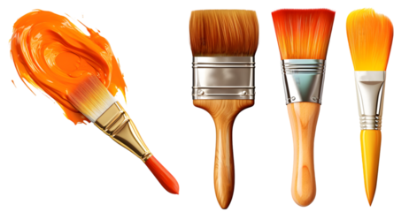 Collection of paintbrushes with bright orange paint strokes for artistic and diy projects isolated on white background

